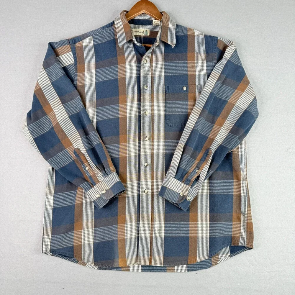 Vintage Fieldmaster Shirt Mens XLT Blue Brown Plaid Cotton Flannel Outdoor - Picture 2 of 11